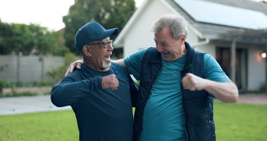 Friends, fist bump and senior men together for fitness, support or celebration of cardio exercise in neighborhood street. Mature, people and wellness goals success or healthy workout or teamwork hug Royalty-Free Stock Footage #1107780799