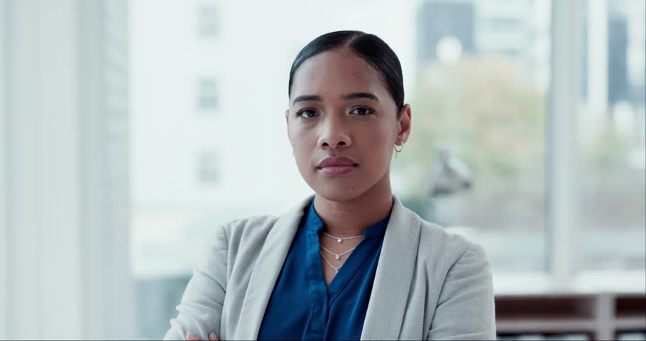Face, confident lawyer and woman in office, workplace or corporate company. Portrait, attorney and serious professional employee, legal advisor career and expert business worker at law firm in Brazil Royalty-Free Stock Footage #1107780849