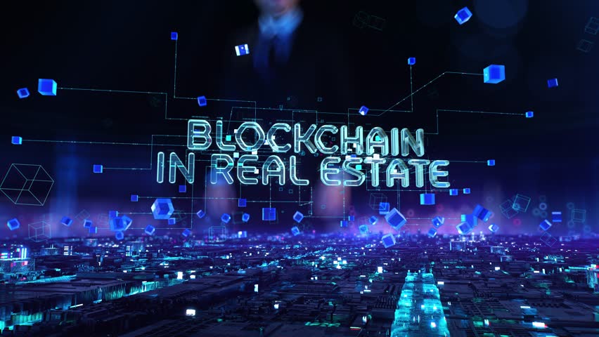 Blockchain in Real Estate- businessman working with virtual reality at office.