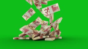 3d animation of stacks of British pound sterling notes falling on green screen floor. You can Key out or remove background to replace with a custom one. 3d rendering - Powered by Shutterstock - Get 15% off with code: PIKWIZARD15