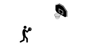 Stick figure basketball game, three points shot into the ring on a white background, flat 4K animation.