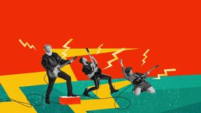 Rock and roll music band. Men and girl playing electric guitar against vivid background. Stop motion, animation. Concept of music, lifestyle, art of sound, performance. Creative bright design - Powered by Shutterstock - Get 15% off with code: PIKWIZARD15