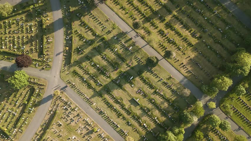 Aerial view of gravestones, Landican Cemetery and Crematorium, Woodchurch, Wirral, Merseyside, England