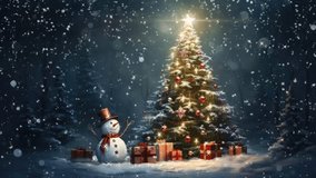 Christmas decoration and celebration with snowman and gift box background. seamless looping time-lapse virtual video animation background.