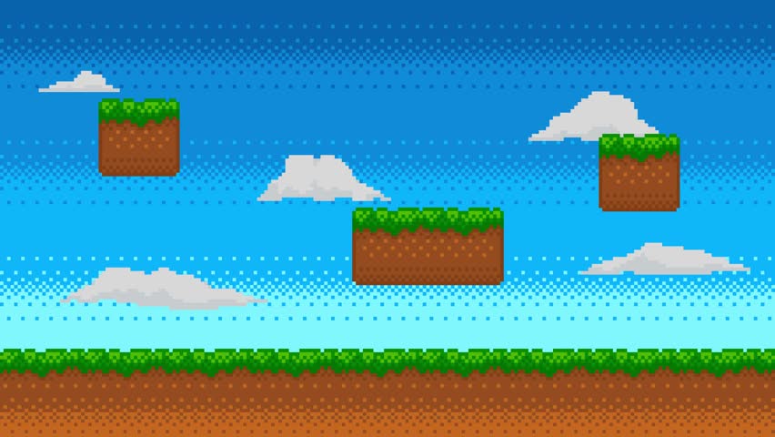 Pixel art animation of retro video game background. Animated 8 bit nature landscape scene with green grass, platforms, clouds and blue sky. Pixelated template for computer game or application. Royalty-Free Stock Footage #1107799021