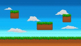 Pixel art animation of retro video game background. Animated 8 bit nature landscape scene with green grass, platforms, clouds and blue sky. Pixelated template for computer game or application.