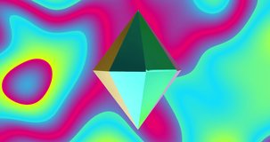 Animation of 3d multicoloured shape over neon multi coloured background. Abstract, colour, shape and movement concept digitally generated video.