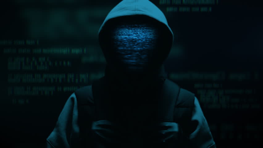 Computer hacker with hoodie and glitch face. Computer abstract digital code at the background. Darknet fraud and cryptocurrency bitcoin concept. Cybersecurity and data protection in social network Royalty-Free Stock Footage #1107802423