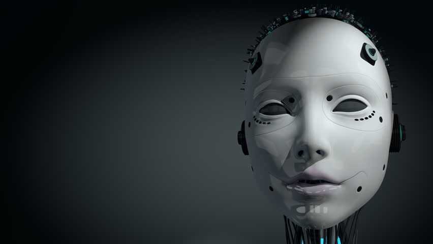Front view of female humanoid robot head with glowing white skin talking while moving lips, eyes, blinking and light on her head turning on and off against dark background. Loop sequence. 3D Animation Royalty-Free Stock Footage #1107803017