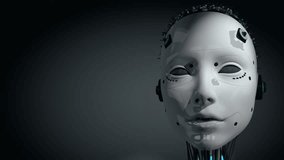 Front view of female humanoid robot head with glowing white skin talking while moving lips, eyes, blinking and light on her head turning on and off against dark background. Loop sequence. 3D Animation - Powered by Shutterstock - Get 15% off with code: PIKWIZARD15