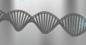 Animation of icons, dna strand over data processing. Global science, medicine, research, computing and data processing concept digitally generated video.