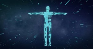 Animation of icons, human body over data processing. Global science, medicine, research, computing and data processing concept digitally generated video.