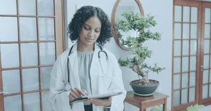 Animation of elements over biracial female doctor. Global healthcare, science, medicine, research, computing and data processing concept digitally generated video.