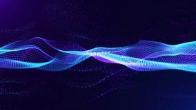 Abstract digital dynamic particle waves with light motion lights background, data flow, cyber technology. 3D rendering. Seamless loop 4k video. Screensaver video animation