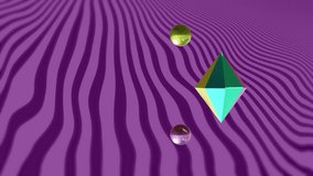 Animation of 3d multicoloured shapes over purple stripes background. Abstract, colour, shape and movement concept digitally generated video.