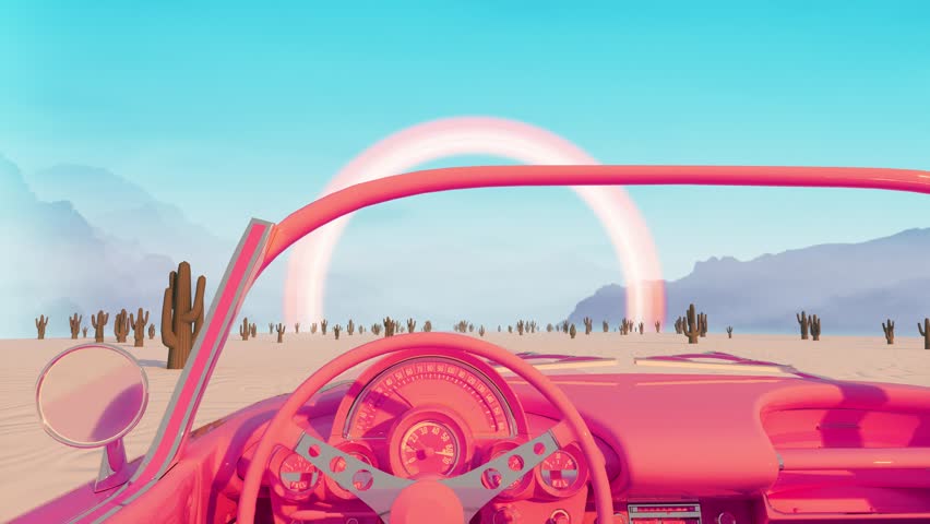 Pink world road animation Car driving on a desert road with cactuses. First person view riding a car across desert. 4k resolution, seamless loop animation. Royalty-Free Stock Footage #1107812937