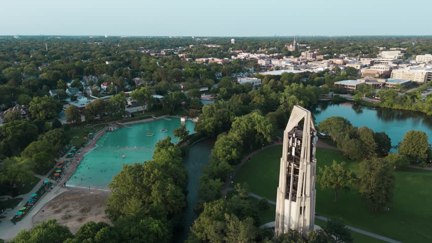 Aerial wide shot of residential urban district downtown Naperville USA.  Royalty-Free Stock Footage #1107814953