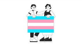 Trans people holding transgender flag bw 2D animation. LGBTQ pride parade 4K video motion graphic. Trans rights. Lgbt support monochrome outline animated cartoon flat concept, white background