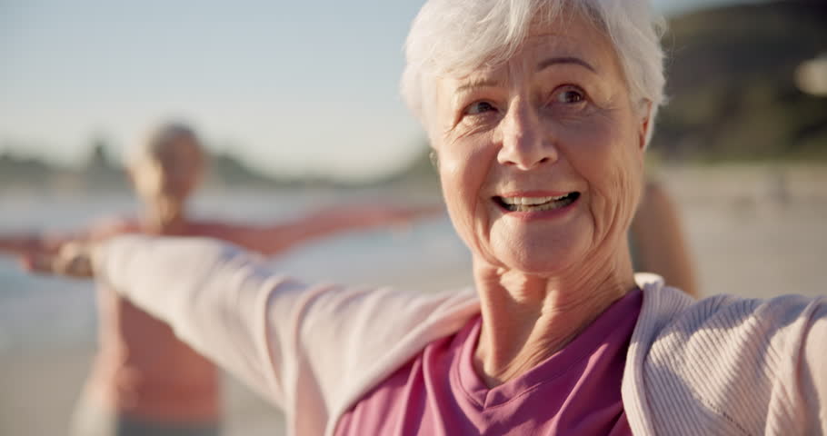 Beach class, teacher and old woman doing yoga exercise, outdoor wellness and relax workout in nature. Instructor, elderly face and happy person learning pose, training and yogi coach teaching pilates Royalty-Free Stock Footage #1107822033