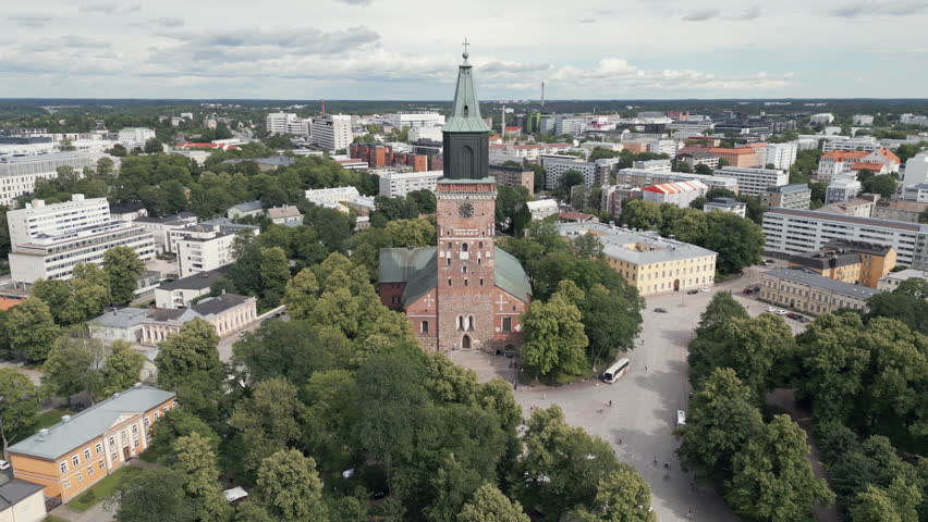 Panning footage of Turku Cathedral, an important historic landmark situated near the Aura river in central Turku, Finland. Aerial shot.