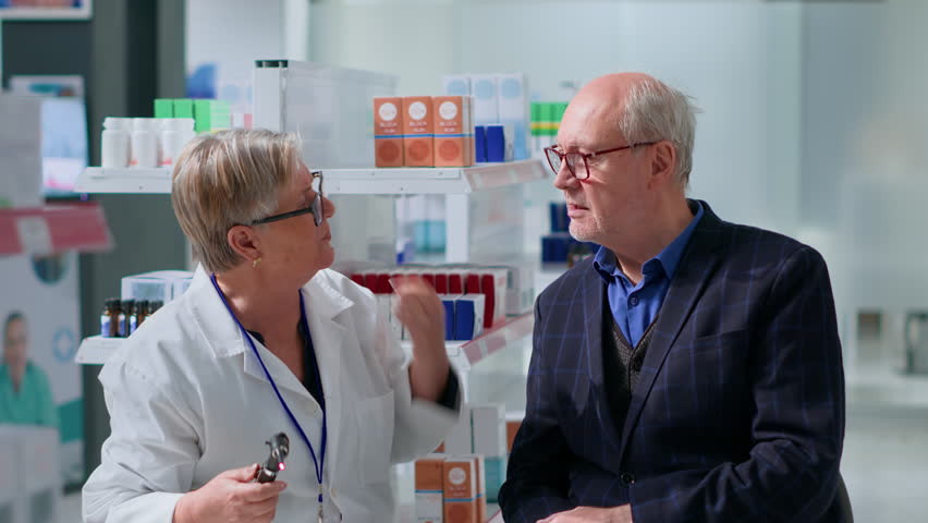 Older pharmacologist in chemist shop doing annual checkup on aged patient, using otoscope to examine ear cannal in professional consultation, preventing hearing damage, excess wax and other issues