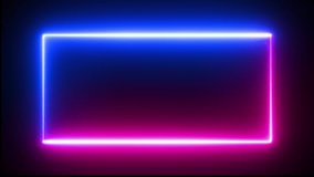 Blue pink neon light trail rectangle, endless quadrilateral looping animation background. rectangle frame with empty space for text and logo, banner etc.,
