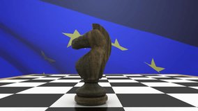 Animation of knight on chess board and european union flag over map against blue background. Digital composite, illustration, strategy, global, patriotism and competition concept. - Powered by Shutterstock - Get 15% off with code: PIKWIZARD15