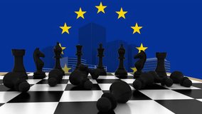 Animation of black chess pieces, european union flag and modern buildings against blue background. Digital composite, strategy, patriotism, freedom, competition and architecture concept. - Powered by Shutterstock - Get 15% off with code: PIKWIZARD15