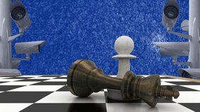 Animation of fallen king with pawn on chess board and surveillance cameras over europeans union flag. Digital composite, strategy, security, patriotism, freedom, competition and technology concept. - Powered by Shutterstock - Get 15% off with code: PIKWIZARD15
