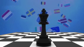 Animation of king on chess board with multiple nations flag over european union flag. Digital composite, multiple exposure, strategy, freedom, government, patriotism and competition concept. - Powered by Shutterstock - Get 15% off with code: PIKWIZARD15
