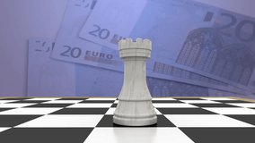 Animation of rook on chess board with european union flag in map over 20 and 50 euros on table. Digital composite, multiple exposure, global, patriotism, currency, banking and competition concept. - Powered by Shutterstock - Get 15% off with code: PIKWIZARD15
