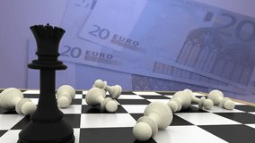 Animation of queen and fallen pawns on chess board with european union flag in map over 20 euros. Digital composite, multiple exposure, global, banking, currency, patriotism and competition concept. - Powered by Shutterstock - Get 15% off with code: PIKWIZARD15