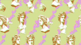 Risograph style with pink yellow green antique busts of a greek on star blink of light background. Figurines of ancient head statue. Stop motion animation. Venus sculpture. Video 4K. Classical statue 
