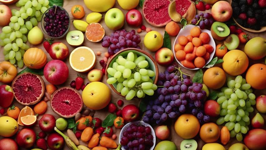 Full table of many fruits and vegetables. Still life of food. Slow panoramic camera motion, macro, deep focus (blur). High detailed 4K video.  Pattern texture surface panning background.  Royalty-Free Stock Footage #1107836275