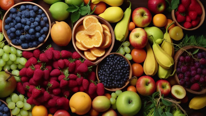 Full table of many fruits and vegetables. Still life of food. Slow panoramic camera motion, macro, deep focus (blur). High detailed 4K video.  Pattern texture surface panning background.  Royalty-Free Stock Footage #1107836287
