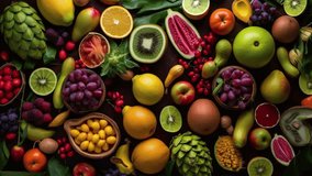 Full table of many fruits and vegetables. Still life of food. Slow panoramic camera motion, macro, deep focus (blur). High detailed 4K video.  Pattern texture surface panning background. 