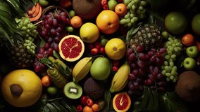 Full table of many fruits and vegetables. Still life of food. Slow panoramic camera motion, macro, deep focus (blur). High detailed 4K video.  Pattern texture surface panning background. 