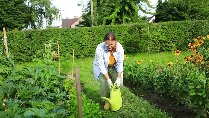 Gardening agriculture concept. Woman gardener farm worker holding watering can and watering irrigating plant. Girl gardening in garden. Home grown organic food. Local garden produce clean vegetables Royalty-Free Stock Footage #1107839293