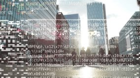 Computer code and data overlayed on city street scene with rushing people in london - Powered by Shutterstock - Get 15% off with code: PIKWIZARD15