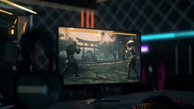 Video Game Warriors Fighting In Martial Arts Tournament On Computer Screen. Computer Gaming. Characters Using Magic Abilities To Fight. Player Wins Fighting Game Match. Computer Display. Esports