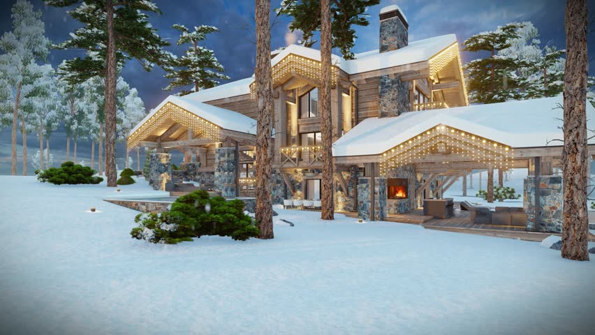 4K video rendering of modern cozy chalet with pool and parking for sale or rent. Beautiful forest mountains on background. Massive timber beams columns. Christmas garlands in New Year holidays