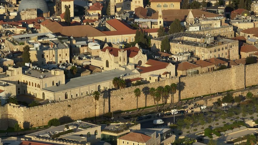 Jerusalem old city aerial drone view at sunset, 4k Israel
