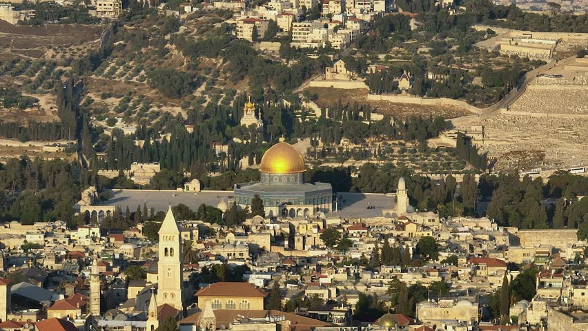 Jerusalem old city aerial drone view at sunset, 4k Israel