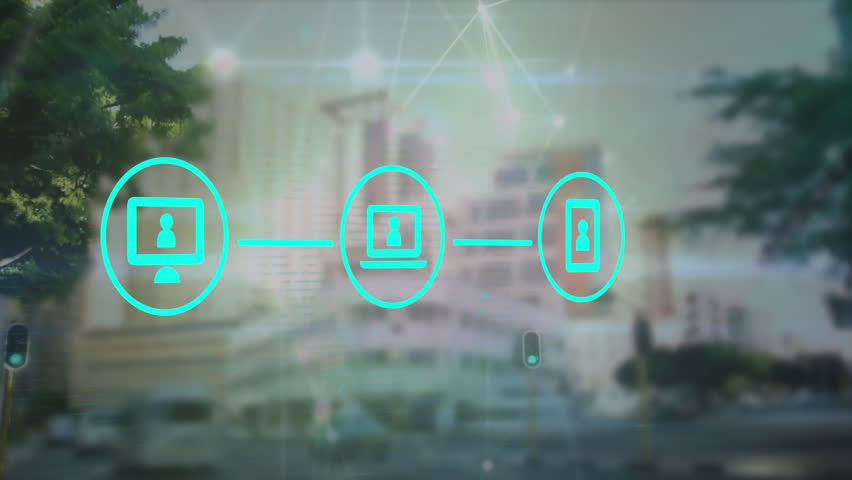 Animation of flowchart of icons over connected dots, time lapse of people walking against buildings. Digital composite, multiple exposure, communication, architecture and technology concept. - Powered by Shutterstock - Get 15% off with code: PIKWIZARD15