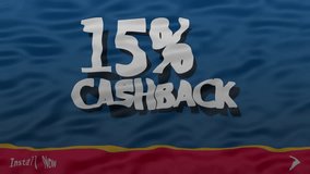 15 % cashback text animation underwater reflection effect with waves moving, hd footage.