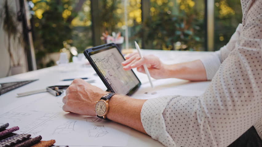 Cropped view of adult man in stylish shirt zooming in blueprints on drawing tablet while sitting at office desk indoors. Artistic professional refining design while keeping original idea intact.