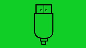 video animation black icon USB input with an electric thunder moving, in concept of charging battery or device. On a green chroma key background