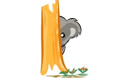 This is an animated video of a koala hiding behind a tree.Funny.Adorable.