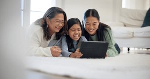Girl, mother and grandma in home with tablet to play video games, watch movies and elearning app for kids. Generation of happy family, child and digital tech for streaming cartoon multimedia on floor