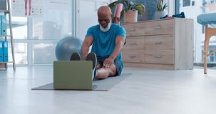 Senior man, stretching and fitness on laptop for online class, virtual training and exercise support at home. Elderly person in pilates, yoga workout and personal trainer on computer or video call